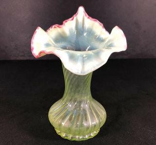 Antique Vaseline Glass Tulip Vase With Opalescent Top With Cranberry Glass