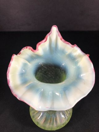 Antique Vaseline Glass Tulip Vase With Opalescent Top With Cranberry Glass 2