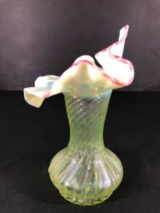 Antique Vaseline Glass Tulip Vase With Opalescent Top With Cranberry Glass 3