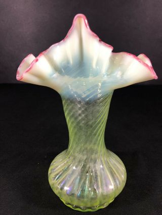 Antique Vaseline Glass Tulip Vase With Opalescent Top With Cranberry Glass 4