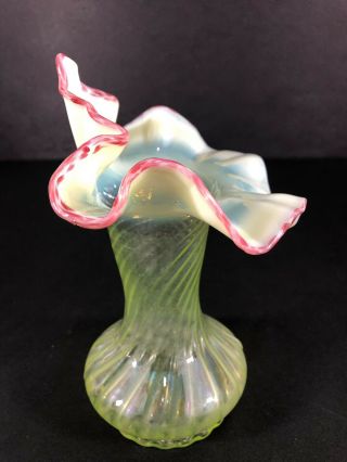 Antique Vaseline Glass Tulip Vase With Opalescent Top With Cranberry Glass 5