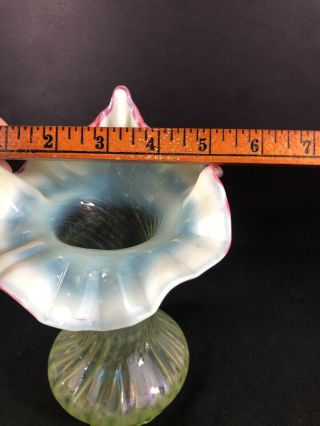 Antique Vaseline Glass Tulip Vase With Opalescent Top With Cranberry Glass 8
