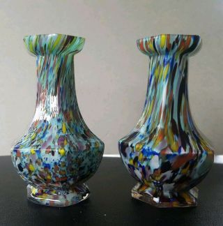 2 Vintage Antique Multicoloured Spatter Splatter Royal Art Glass Bud Vases
