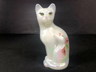 Frnton Stylized Cat White Irrodized With Pink Painted Flowers By S.  Waters 5 1/4