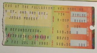 1981 July 24 Judas Priest Concert Ticket Stub Vg 4.  0 Palladium Nyc