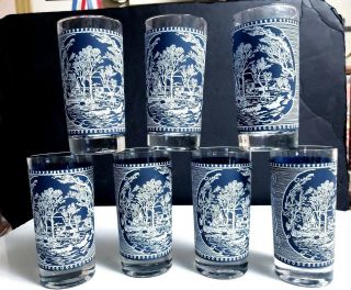 Royal China Currier & Ives Blue Background 12 Oz Glassware Tumblers - Set Of 7