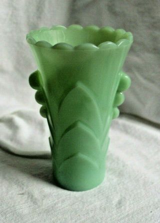 Vintage Fire King Jadite Green Glass Art Deco Vase 5 1/4” Tall Tab Side