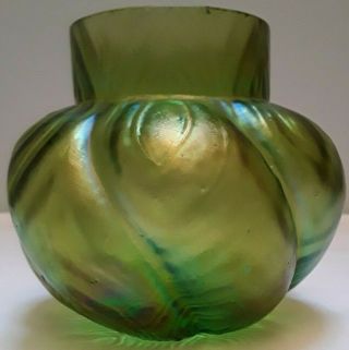 Kralik,  Art Nouveau,  Iridescent Green Glass Spiral Lobed Glass Rose Vase Posy 4 "