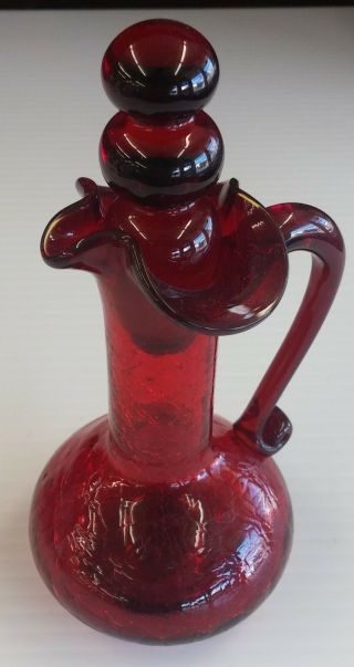 Vintage Red Crackle Glass Pitcher With Stopper,  Cruet,  Rrr12196