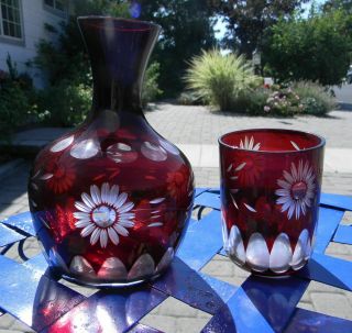 Vintage Czech Bohemian Ruby Red Cut To Clear Glass Crystal Vase And Glass