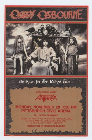 Ozzy Osbourne Handbill 1988 No Rest For The Wicked Tour Pittsburgh Nov 28