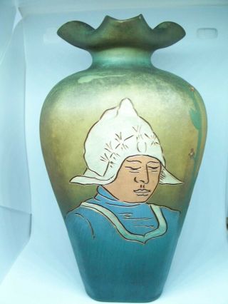 Dickens Ware Weller Matte Green Art Pottery Vase Hand Painted Dutch Girl Flowers