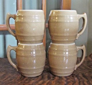Set (4) Vintage Uhl Tan Stoneware Barrel Shaped Mugs