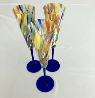 Set Of 3 Champagne Glasses.  Hand Blown,  Multi Colored Confetti Design.