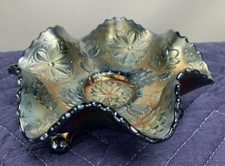 Fenton Carnival Glass Cobalt Blue Water Lily Ball Footed Small Bowl