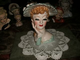 Vtg Gorgeous 7 " Lady Head Vase 1956 Napco C1775a Greentop W/ Rhinestones Big Hat
