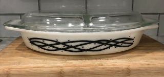 Vintage Pyrex Black Scrolls - 1.  5 Qt Divided Casserole Dish & Lid