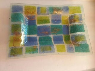 Mid Century Signed Higgins Fused Art Glass Atomic Tray 14 " X 10 Blue Gold Green