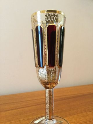 Rare Moser Antique Bohemian Gilt Ruby & Clear Glass Champagne Goblet