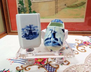 2 Pc Vintage Delphs & Royal Schwabap Blue Windmill 3 3/4 " Vase & Shoe Ashtray