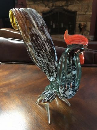Glass Rooster Hand Blown Murano Style 9” Tall Figurine