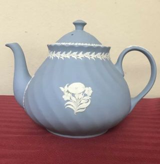 Wedgwood Blue Jasperware Coffee Pot Teapot Flower Design 9 1/2”