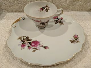 Set Of 6 Royal Sealy China Pink Rose Snack Plates And Cups Gold Trim Japan