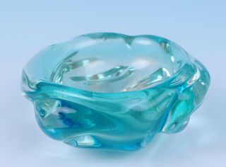 Vintage 1950s Murano Aqua Blue & Gold Italian Art Glass Bowl Mid - Century Modern
