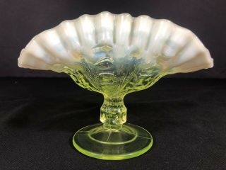 Antique Vaseline Glass Fan Shape Bowl Opalescent Crimped Top Beaded Uranium?