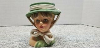 Vintage Relpo Blue Eyed Blond Lady Head Vase Tie On Green Hat