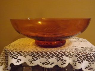 Vintage Amber Glass Large Punch/serving Bowl Etched With Leaf Pattern