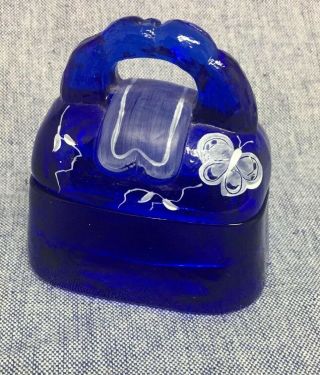 Fenton Cobalt Blue Glass Hand Painted Purse Shape Trinket Box Butterfly