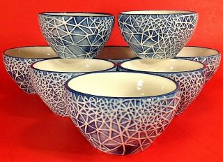Cracker Barrel Dessert Bowls Set Of 8 Cobalt Blue And White Web Pattern 3 7/8 "