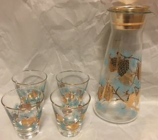 Vintage Libbey Mid Century Turquoise & Gold Pinecone Shaker - Decanter & 4 Glasses