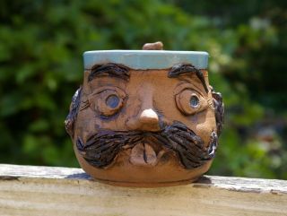 Mustache Man Ugly Mug Face Coffee Cup Signed By Artist Tongue Sticking Out
