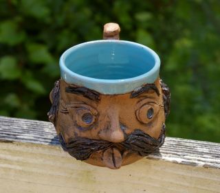 Mustache Man Ugly Mug Face Coffee Cup Signed by Artist Tongue Sticking Out 2