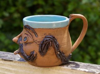 Mustache Man Ugly Mug Face Coffee Cup Signed by Artist Tongue Sticking Out 3