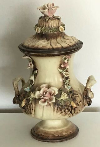 Vintage Capodimonte 12” Covered Urn Flowered Leaf Rose Footed Vase Italy