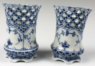 Pair Royal Copenhagen Porcelain Blue Fluted Full Lace Round Cigar Cup Vases Alp