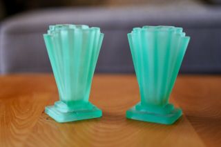 Art Deco Miniature Bagley Uranium Vaseline Glass Vases Green Glass