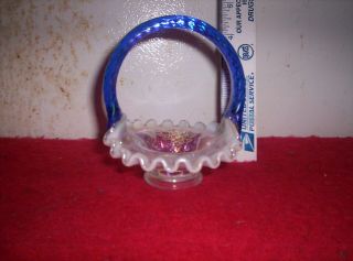 Fenton Art Glass Miniature Mini Basket Clear Opalescent Blue Handle