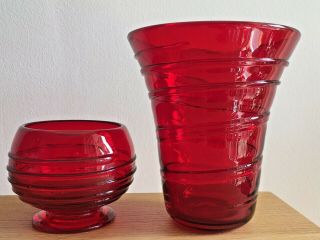 Whitefriars Ruby Red Glass Vases Ribbon Trail Design Barnaby Powell