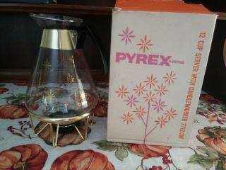 Vintage Pyrex Corning Glass Coffee Pot Carafe With Candle Warmer & Box Ca 1960s