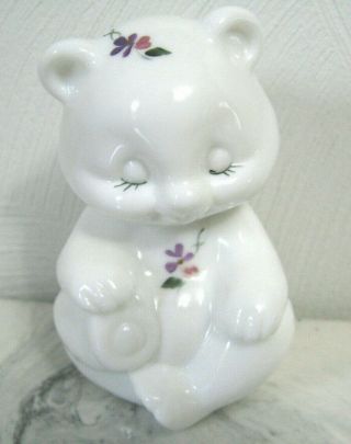 Vintage Fenton Milk Glass Bear With Lilac Flower Hand Painted & Signed Figurine