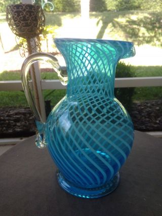 Vintage Fenton Opalescent Aqua Blue White Spiral Optic Swirl Glass Pitcher