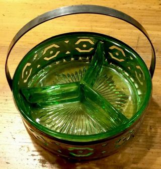 Vtg Green Depression Glass Insert W/chrome Basket Af Dinner Candy Condiment Dish