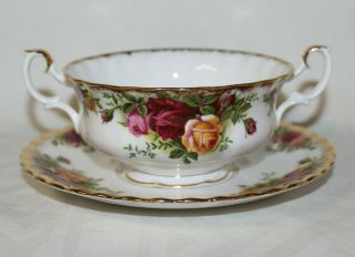 Royal Albert China Old Country Roses Pattern Cream Soup Bouillion Bowl & Plate
