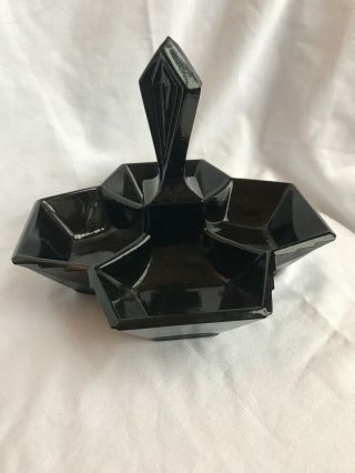 Tiara Indiana Glass Black Art Deco Pyramid Handled 4 Part Relish Dish Tray