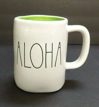 Rae Dunn " Aloha " White Ceramic Green Color Inside Coffee Tea Mug