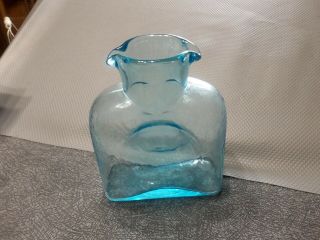 Vintage Blenko Hand Blown Glass Ice Blue Spout Water Bottle Pitcher Jug Vase